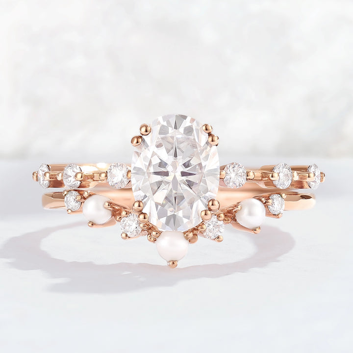 Unique Oval Cut Moissanite Pearl Captivating Gemstone Ring Set 2pcs