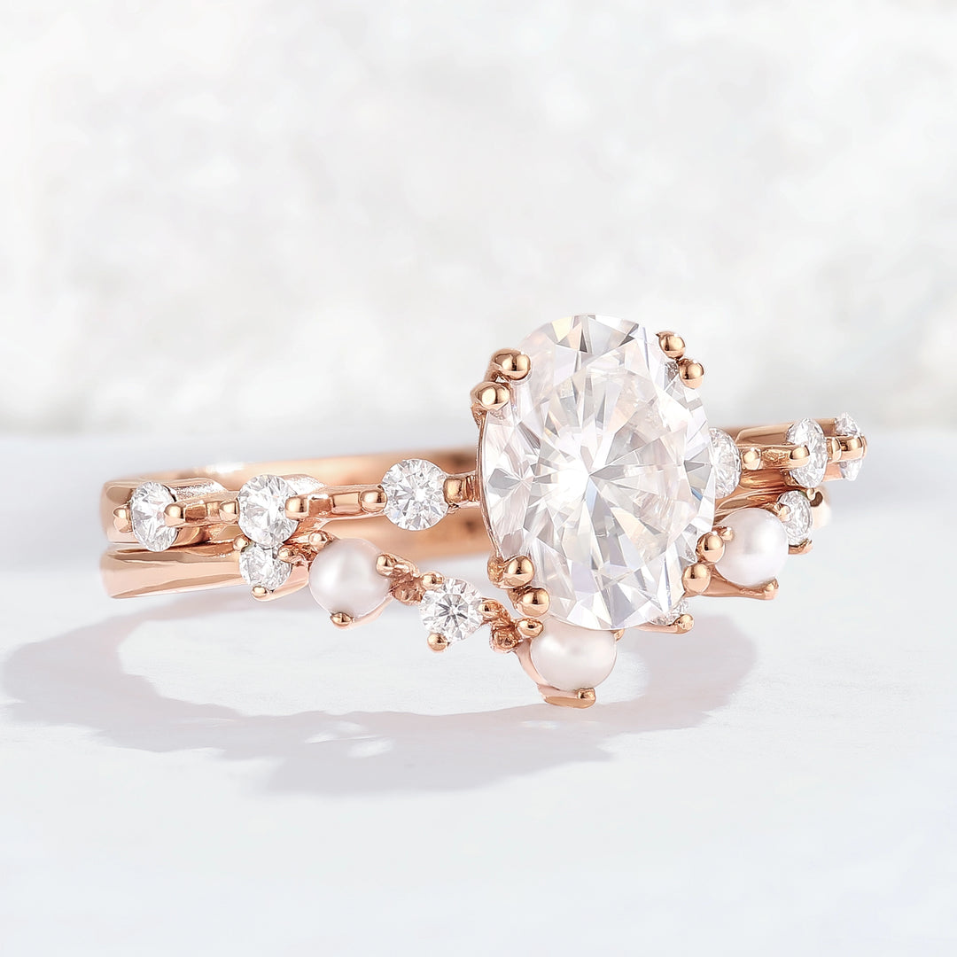 Unique Oval Cut Moissanite Pearl Captivating Gemstone Ring Set 2pcs