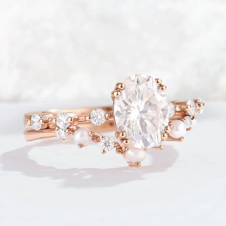 Unique Oval Cut Moissanite Pearl Captivating Gemstone Ring Set 2pcs