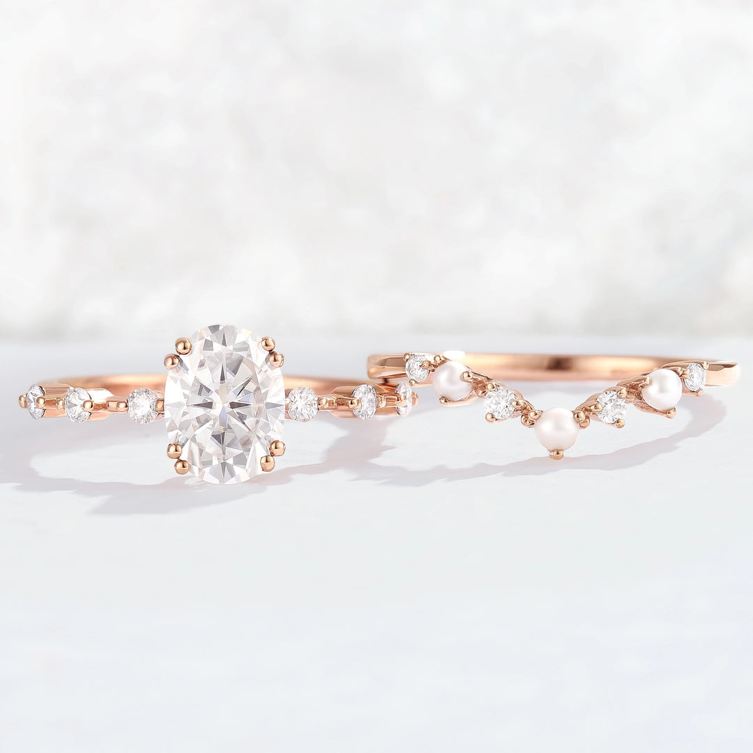 Unique Oval Cut Moissanite Pearl Captivating Gemstone Ring Set 2pcs