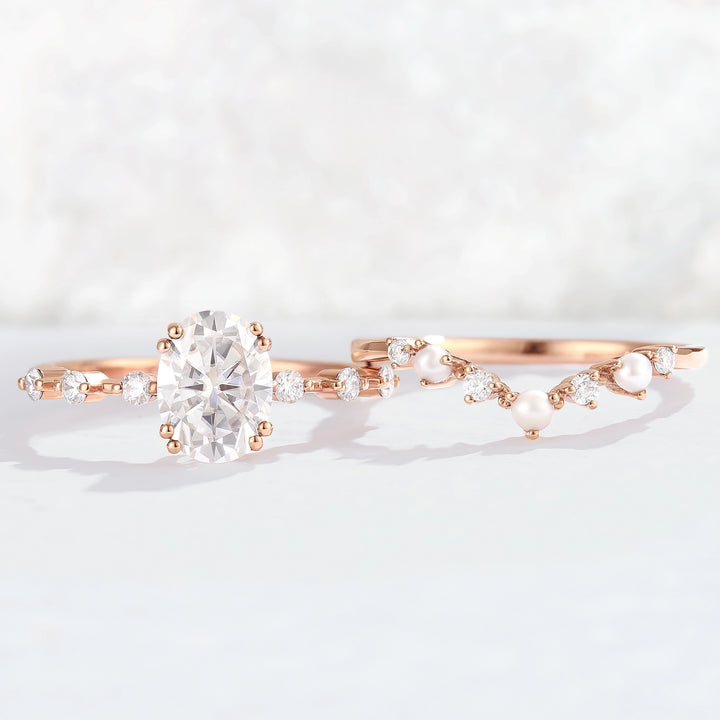 Unique Oval Cut Moissanite Pearl Captivating Gemstone Ring Set 2pcs