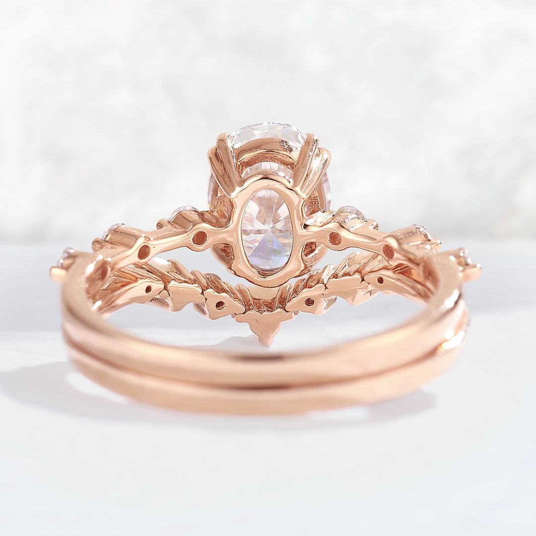 Unique Oval Cut Moissanite Pearl Captivating Gemstone Ring Set 2pcs