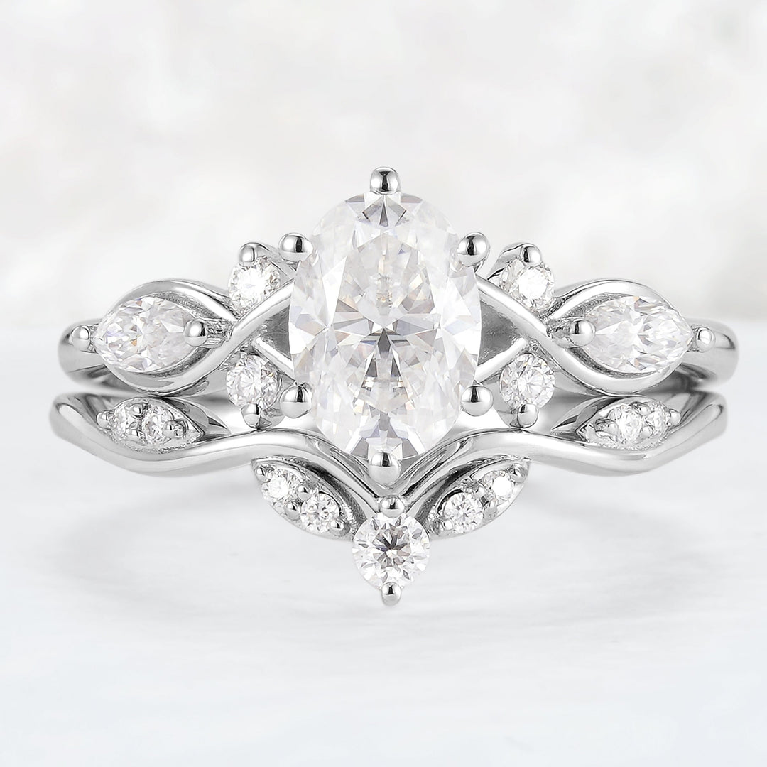 Unique Oval Cut Moissanite Seven Stones Engagement Ring Set 2pcs