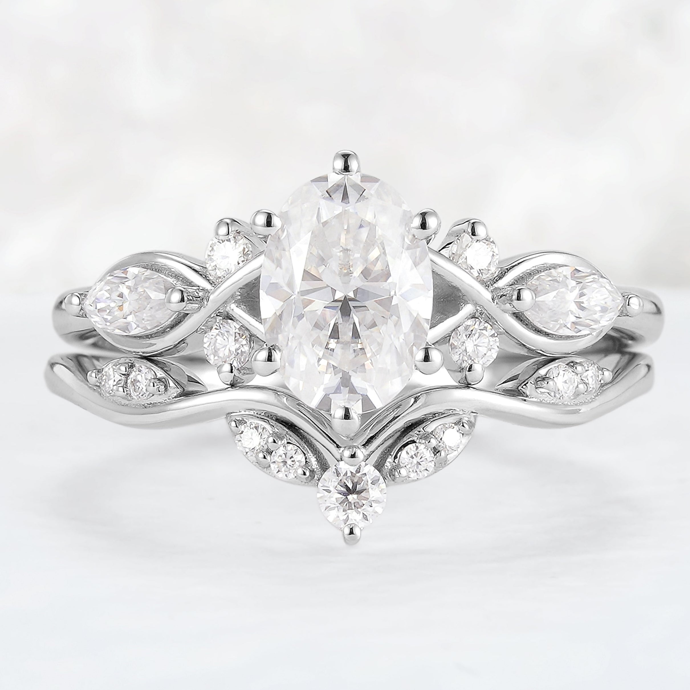 Unique Oval Cut Moissanite Seven Stones Engagement Ring Set 2pcs