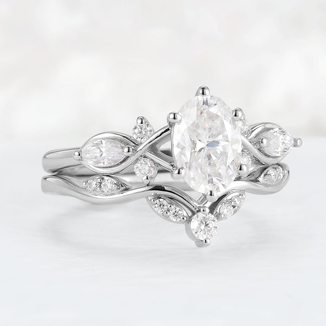 Unique Oval Cut Moissanite Seven Stones Gemstone Ring Set 2pcs - Iver Jewelry