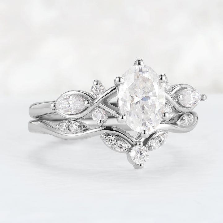 Unique Oval Cut Moissanite Seven Stones Gemstone Ring Set 2pcs - Iver Jewelry