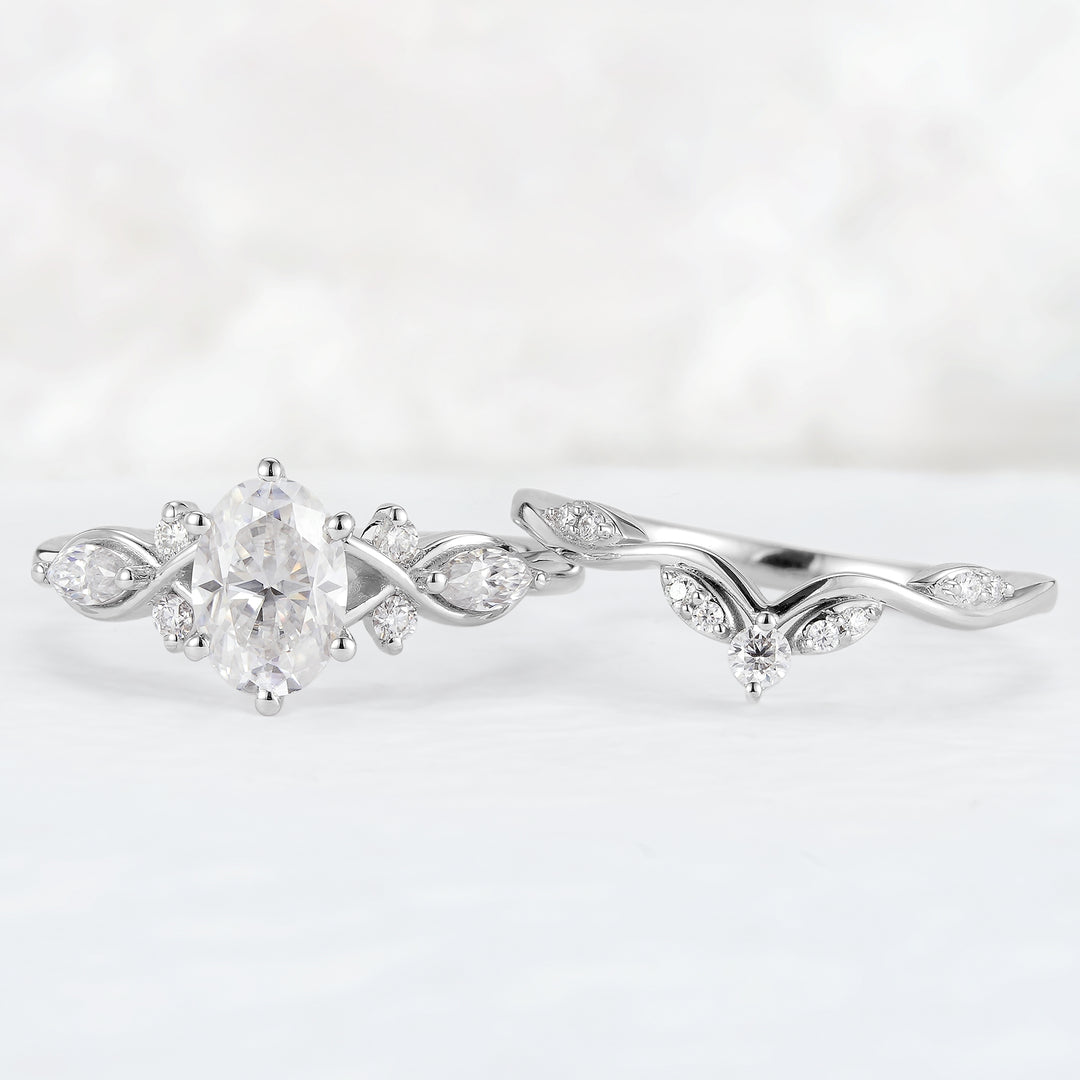 Unique Oval Cut Moissanite Seven Stones Gemstone Ring Set 2pcs - Iver Jewelry