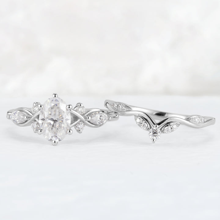 Unique Oval Cut Moissanite Seven Stones Gemstone Ring Set 2pcs - Iver Jewelry
