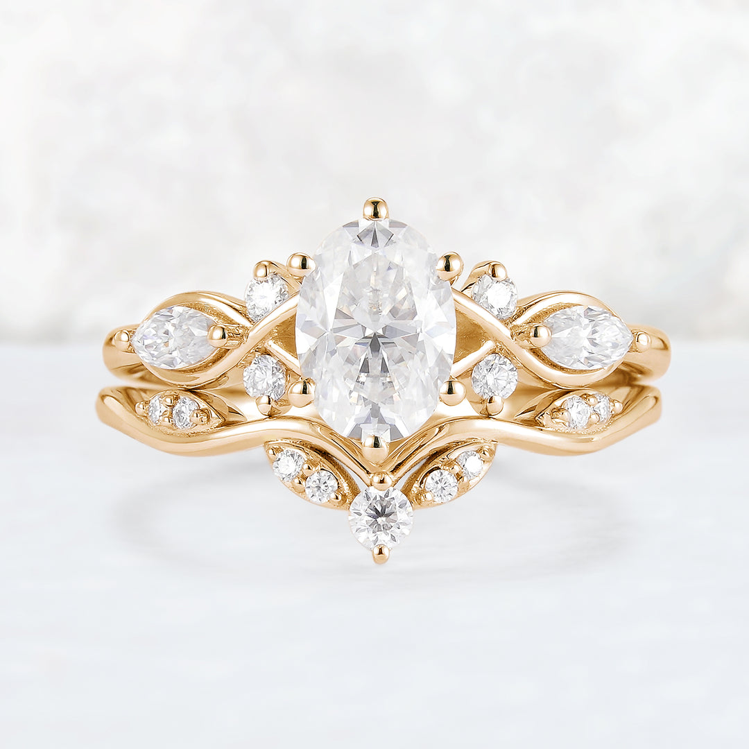 Unique Oval Cut Moissanite Seven Stones Gemstone Ring Set 2pcs