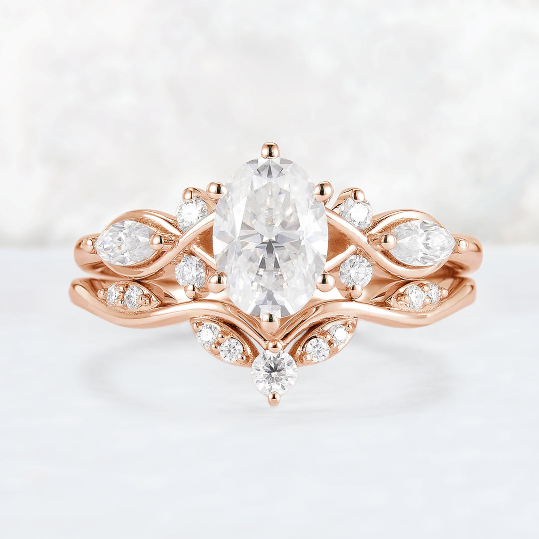 Unique Oval Cut Moissanite Seven Stones Gemstone Ring Set 2pcs