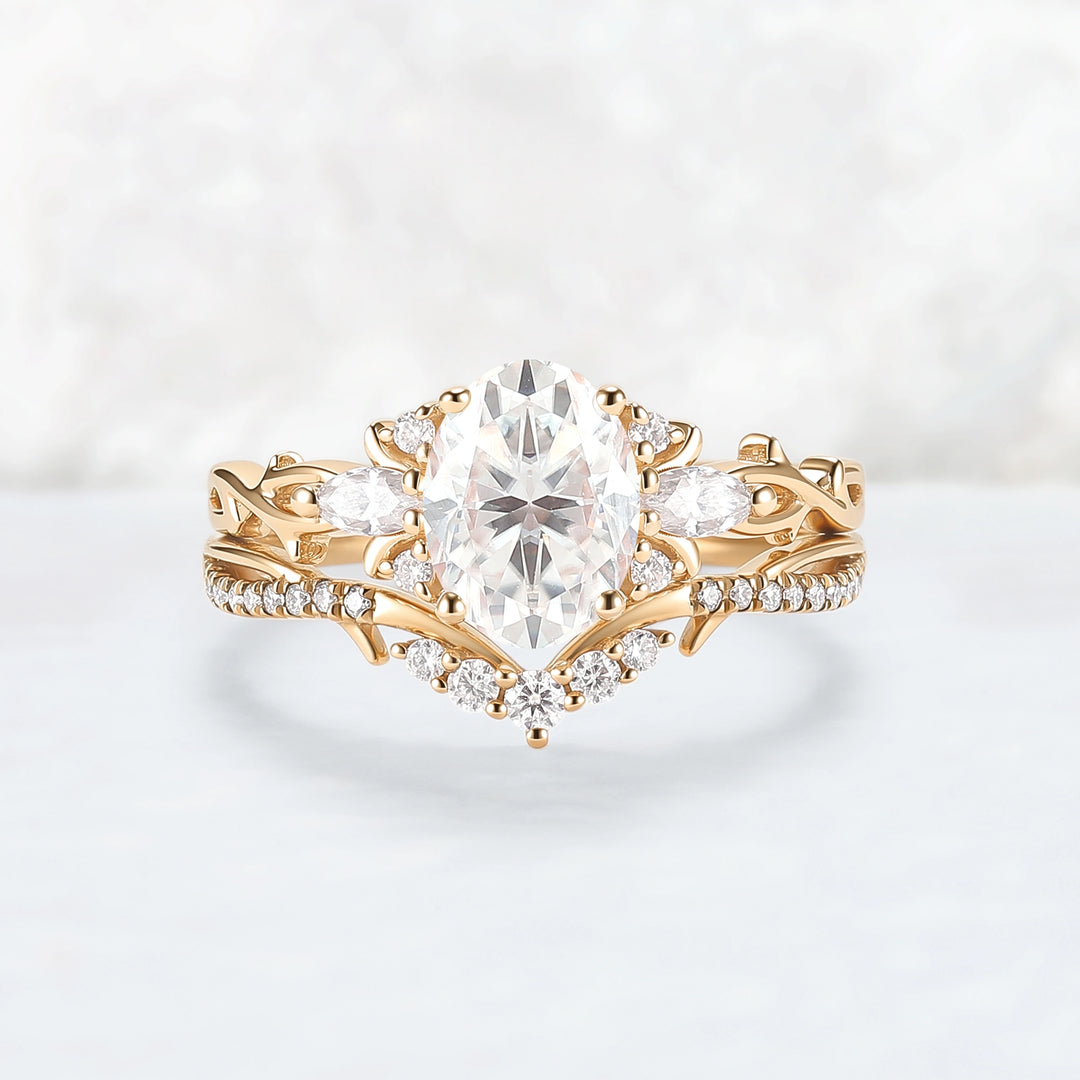 Unique Oval Cut Moissanite Vine Engagement Ring Set 2pcs