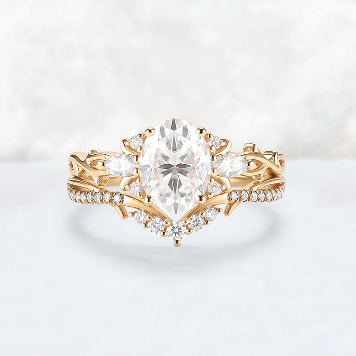 Unique Oval Cut Moissanite Vine Engagement Ring Set 2pcs