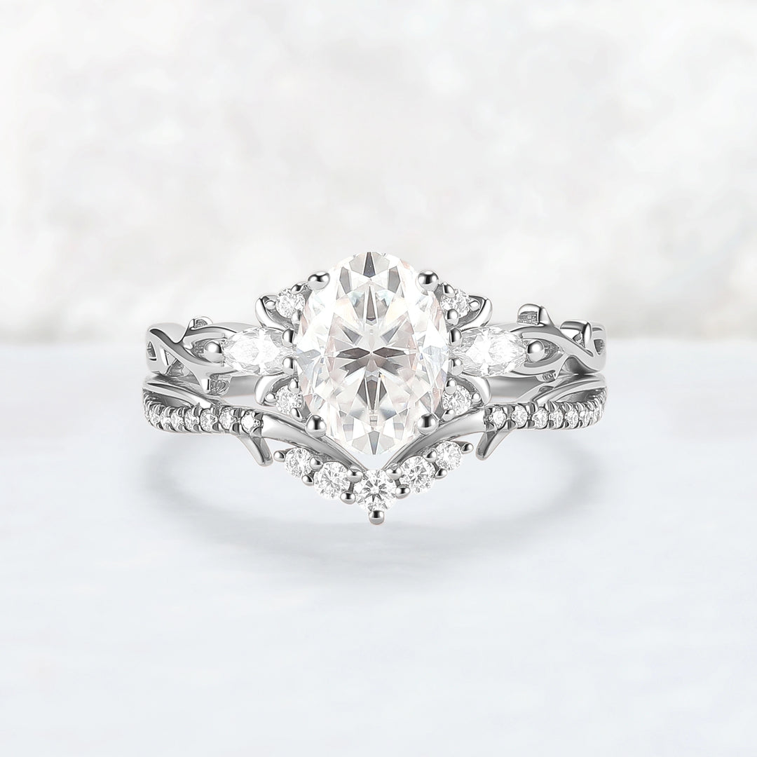 Unique Oval Cut Moissanite Vine Engagement Ring Set 2pcs