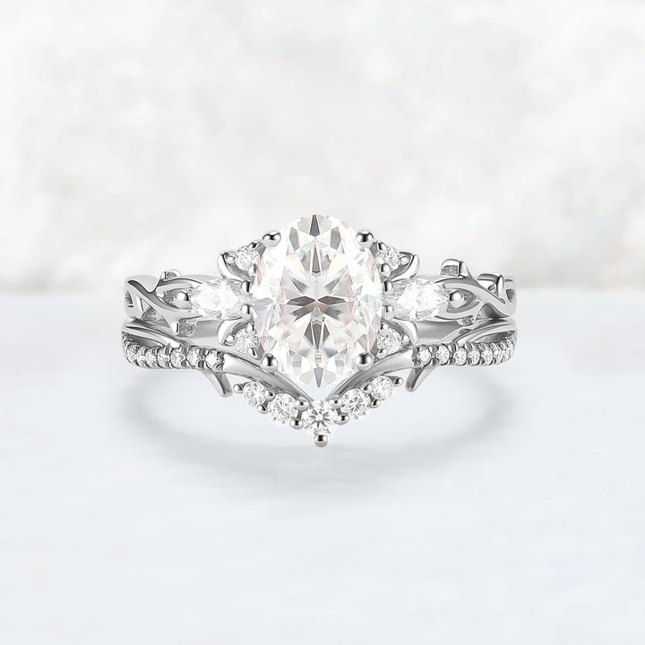 Unique Oval Cut Moissanite Vine Engagement Ring Set 2pcs