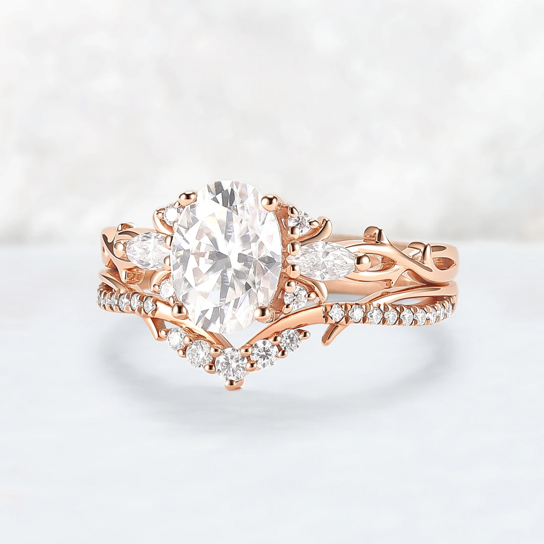 Unique Oval Cut Moissanite Vine Engagement Ring Set 2pcs