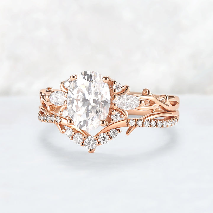 Unique Oval Cut Moissanite Vine Engagement Ring Set 2pcs
