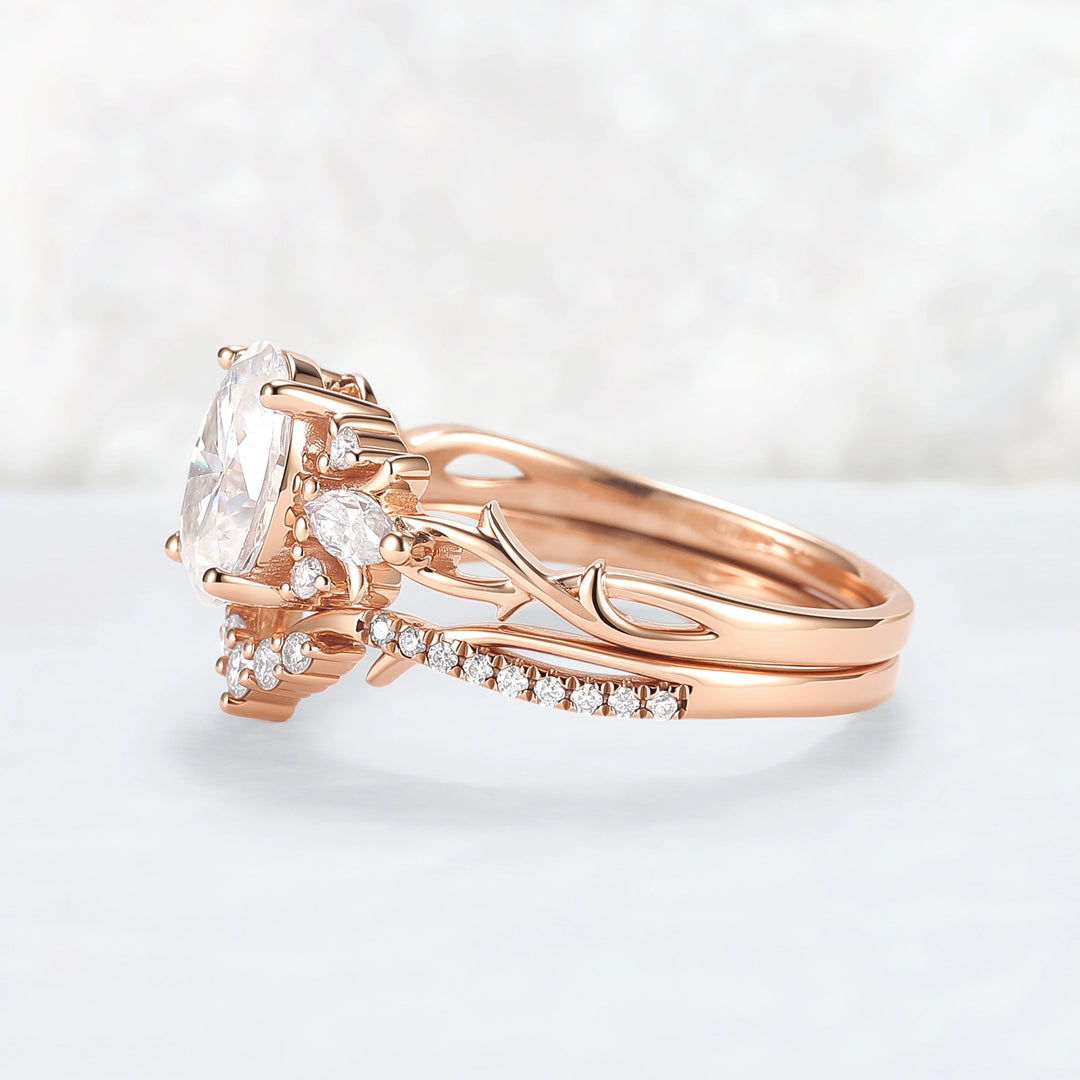 Unique Oval Cut Moissanite Vine Engagement Ring Set 2pcs