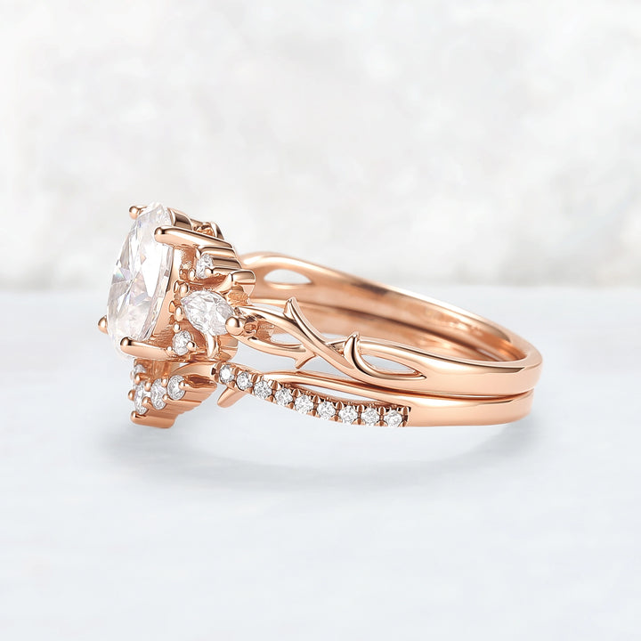 Unique Oval Cut Moissanite Vine Engagement Ring Set 2pcs