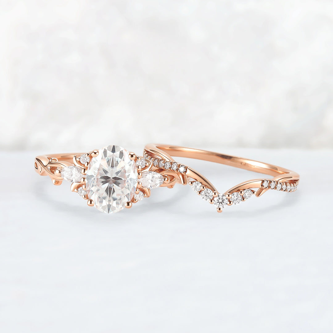 Unique Oval Cut Moissanite Vine Engagement Ring Set 2pcs