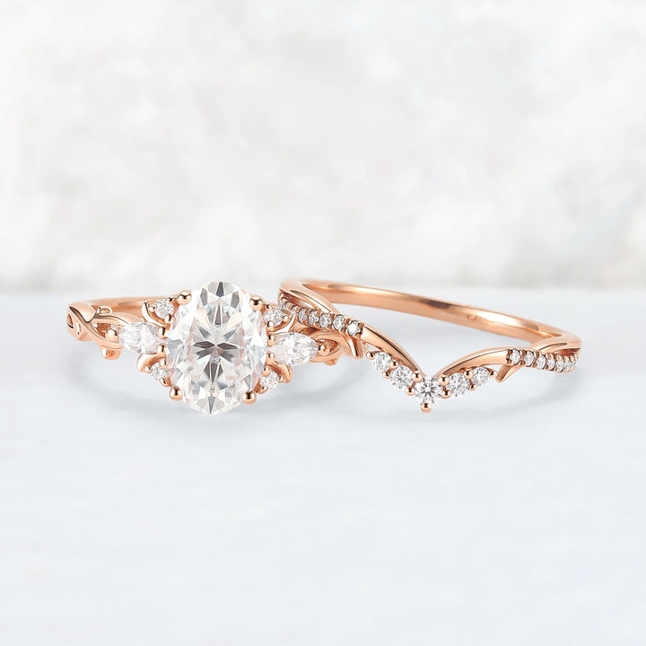Unique Oval Cut Moissanite Vine Engagement Ring Set 2pcs