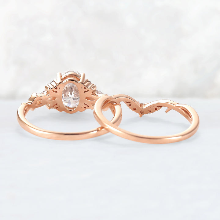 Unique Oval Cut Moissanite Vine Engagement Ring Set 2pcs