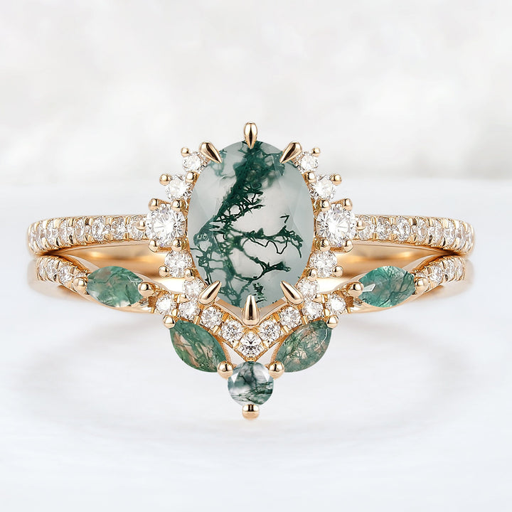 Unique Oval Cut Moss Agate Half Enternity Ring Set 2pcs