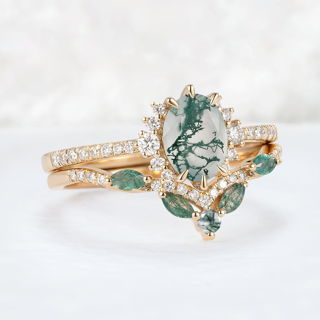 Unique Oval Cut Moss Agate Half Enternity Ring Set 2pcs - Iver Jewelry