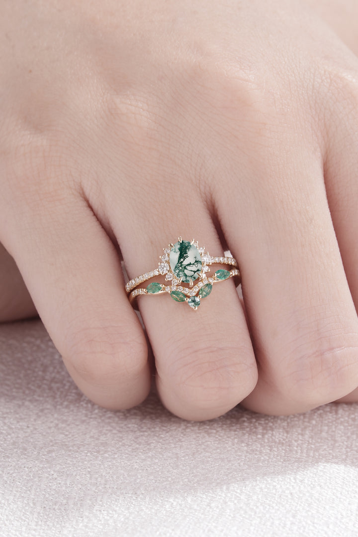Unique Oval Cut Moss Agate Half Enternity Ring Set 2pcs - Iver Jewelry