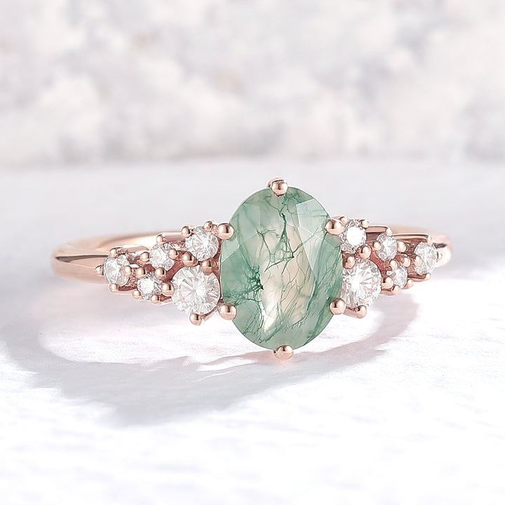 Unique Oval Cut Moss Agate and Moissanite Cluser Engagement Ring - Iver Jewelry