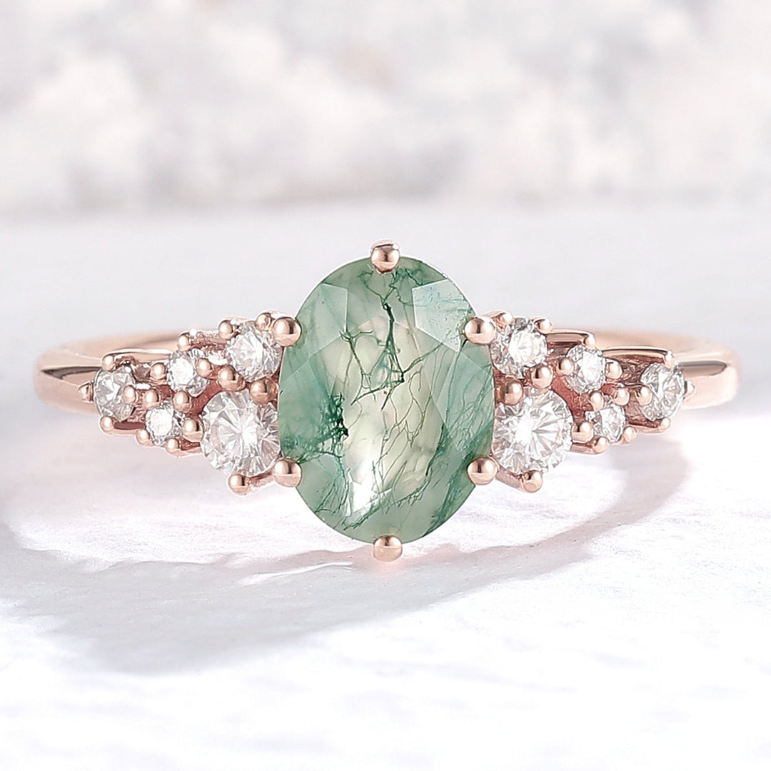 Unique Oval Cut Moss Agate and Moissanite Cluser Engagement Ring