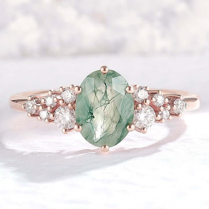 Unique Oval Cut Moss Agate and Moissanite Cluser Engagement Ring