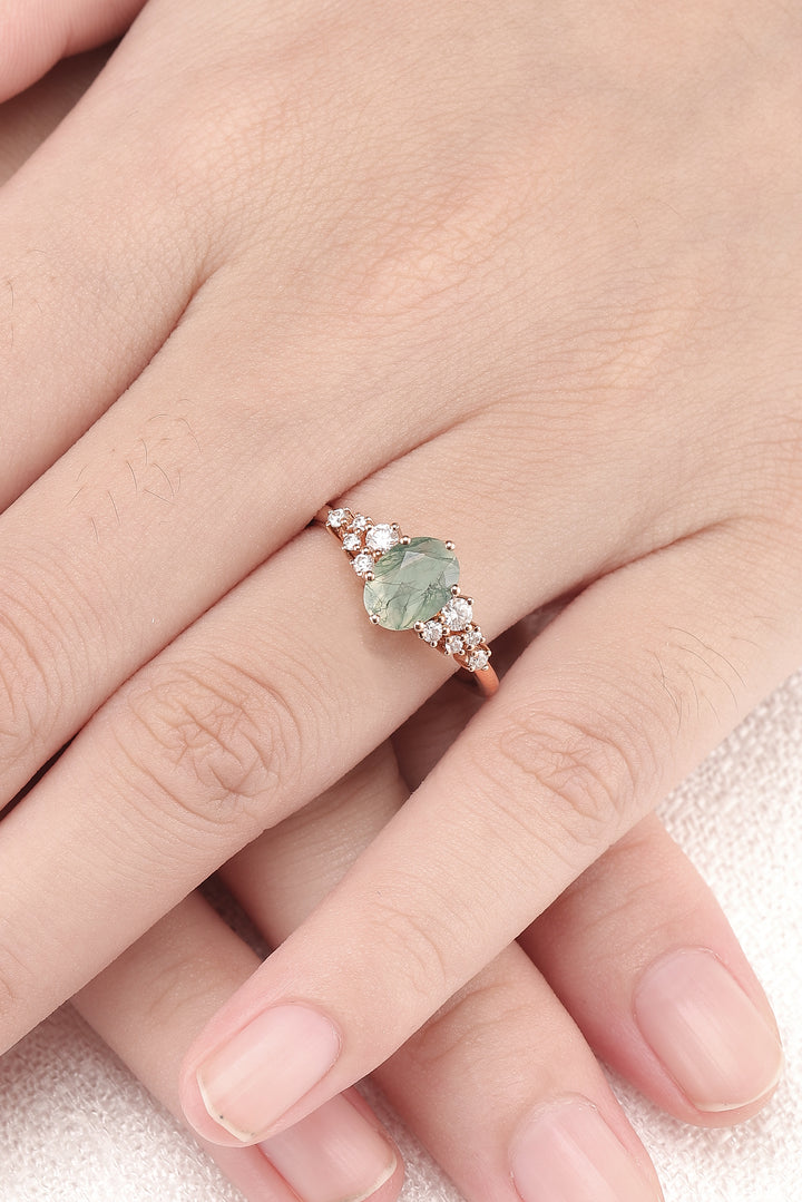 Unique Oval Cut Moss Agate and Moissanite Cluser Engagement Ring - Iver Jewelry