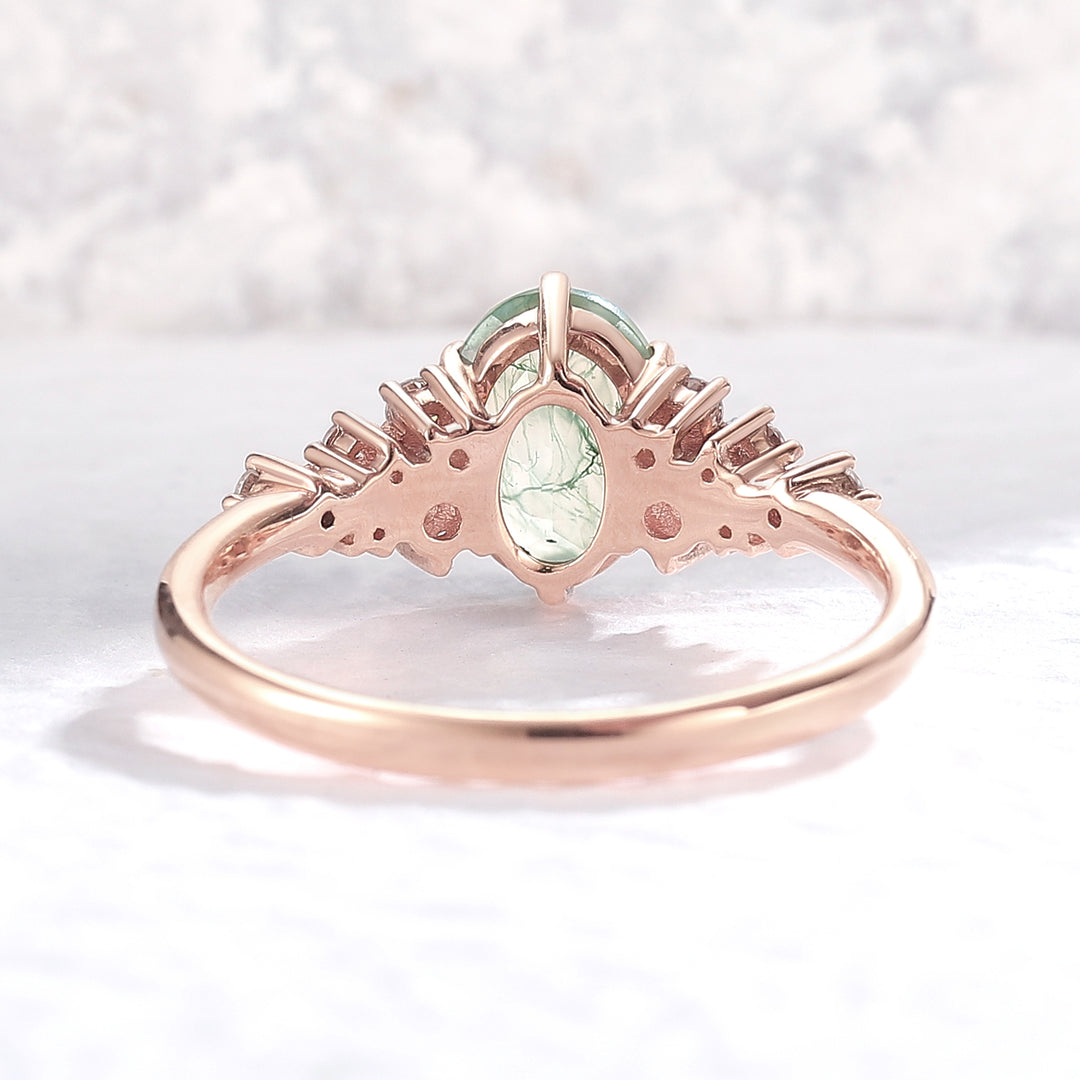 Unique Oval Cut Moss Agate and Moissanite Cluser Engagement Ring - Iver Jewelry