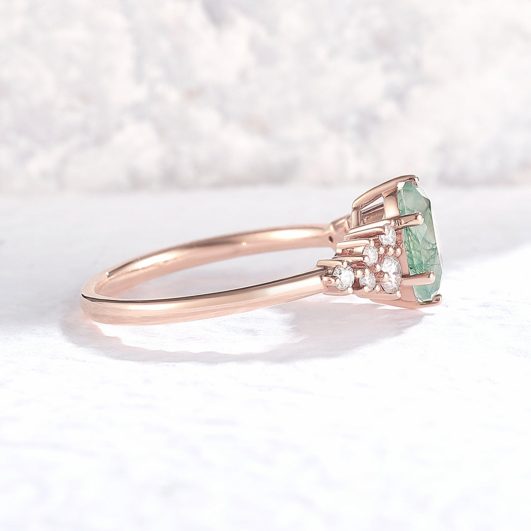 Unique Oval Cut Moss Agate and Moissanite Cluser Engagement Ring - Iver Jewelry