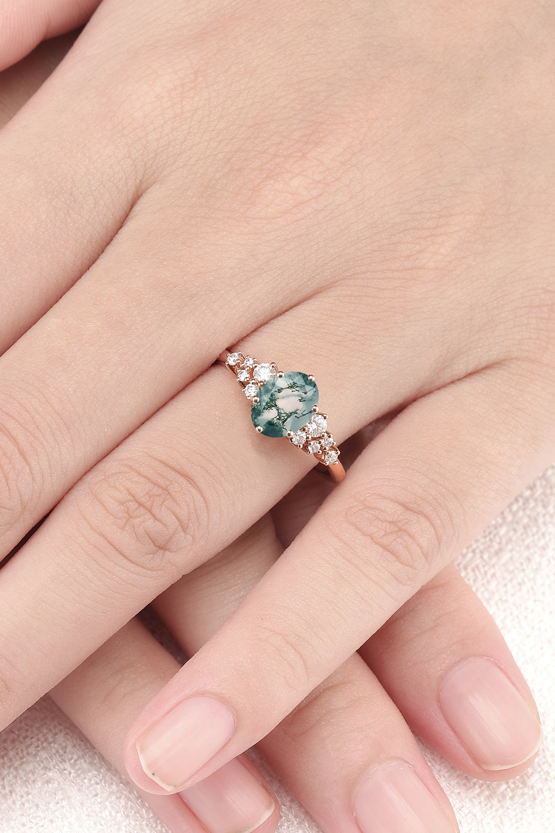 Unique Oval Cut Moss Agate and Moissanite Cluser Gemstone Ring