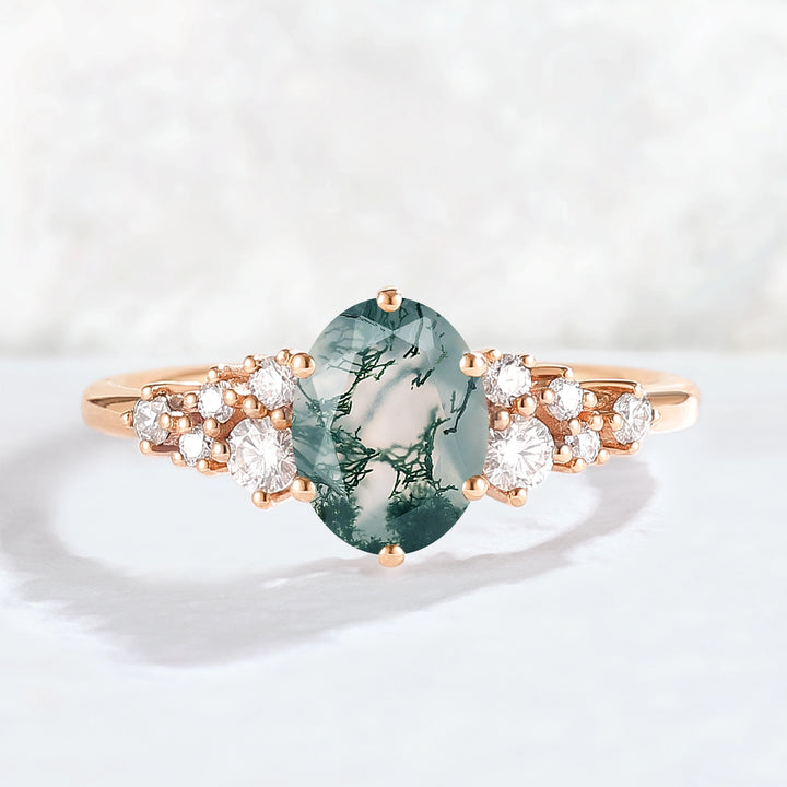 Unique Oval Cut Moss Agate and Moissanite Cluser Gemstone Ring