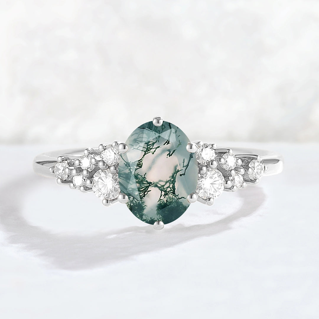Unique Oval Cut Moss Agate and Moissanite Cluser Gemstone Ring