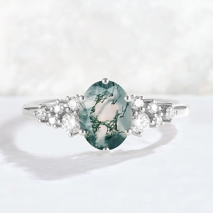 Unique Oval Cut Moss Agate and Moissanite Cluser Gemstone Ring