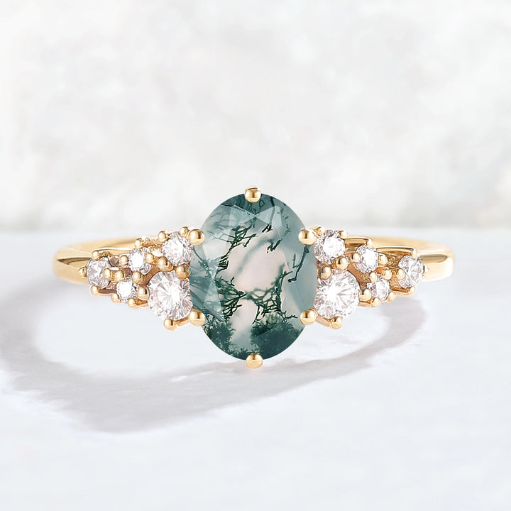 Unique Oval Cut Moss Agate and Moissanite Cluser Gemstone Ring