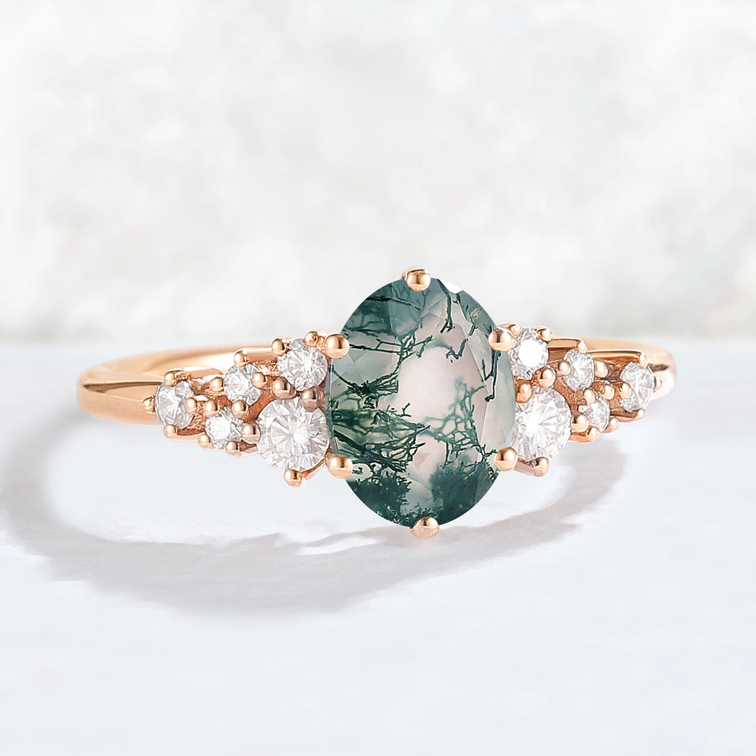 Unique Oval Cut Moss Agate and Moissanite Cluser Gemstone Ring
