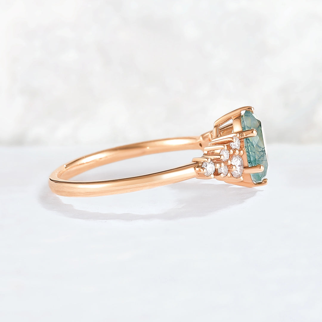 Unique Oval Cut Moss Agate and Moissanite Cluser Gemstone Ring