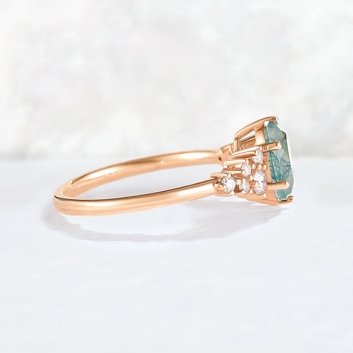 Unique Oval Cut Moss Agate and Moissanite Cluser Gemstone Ring