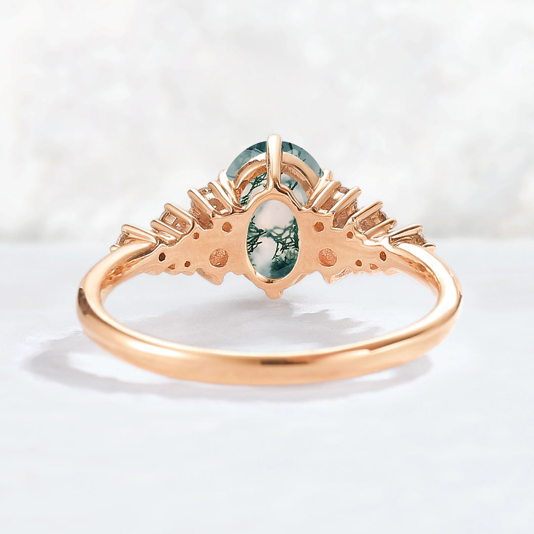 Unique Oval Cut Moss Agate and Moissanite Cluser Gemstone Ring