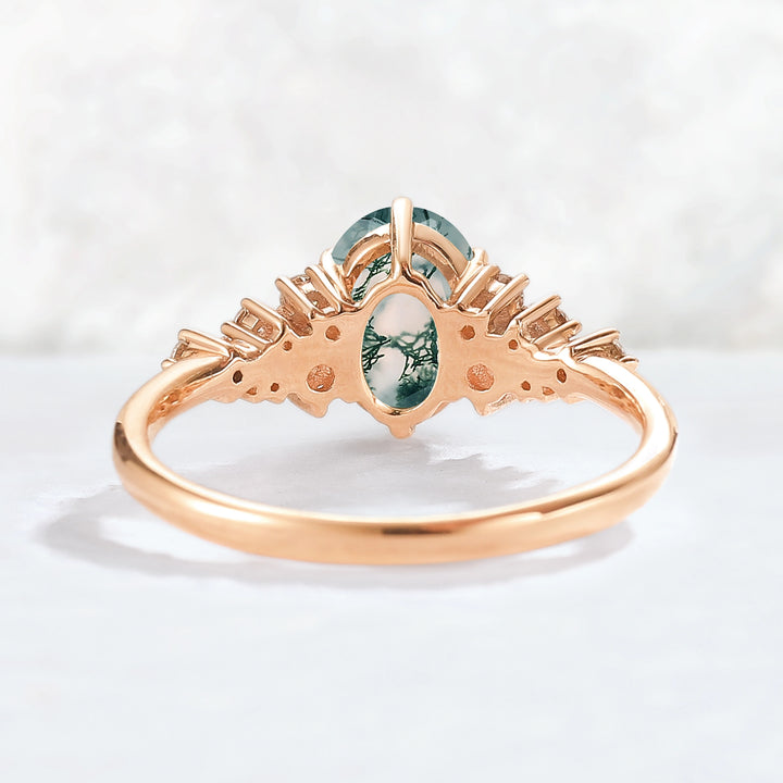 Unique Oval Cut Moss Agate and Moissanite Cluser Gemstone Ring
