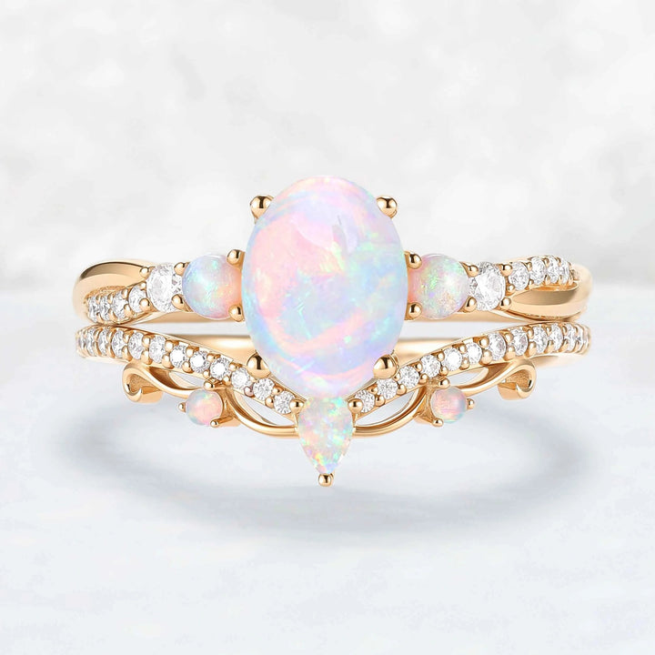 Unique Oval Cut Natural Opal Engagement Ring Set 2pcs