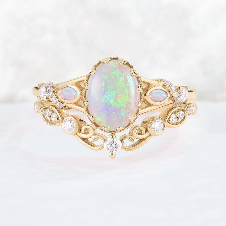 Unique Oval Cut Natural Opal Flora Bezel Inlaid Gemstone Ring