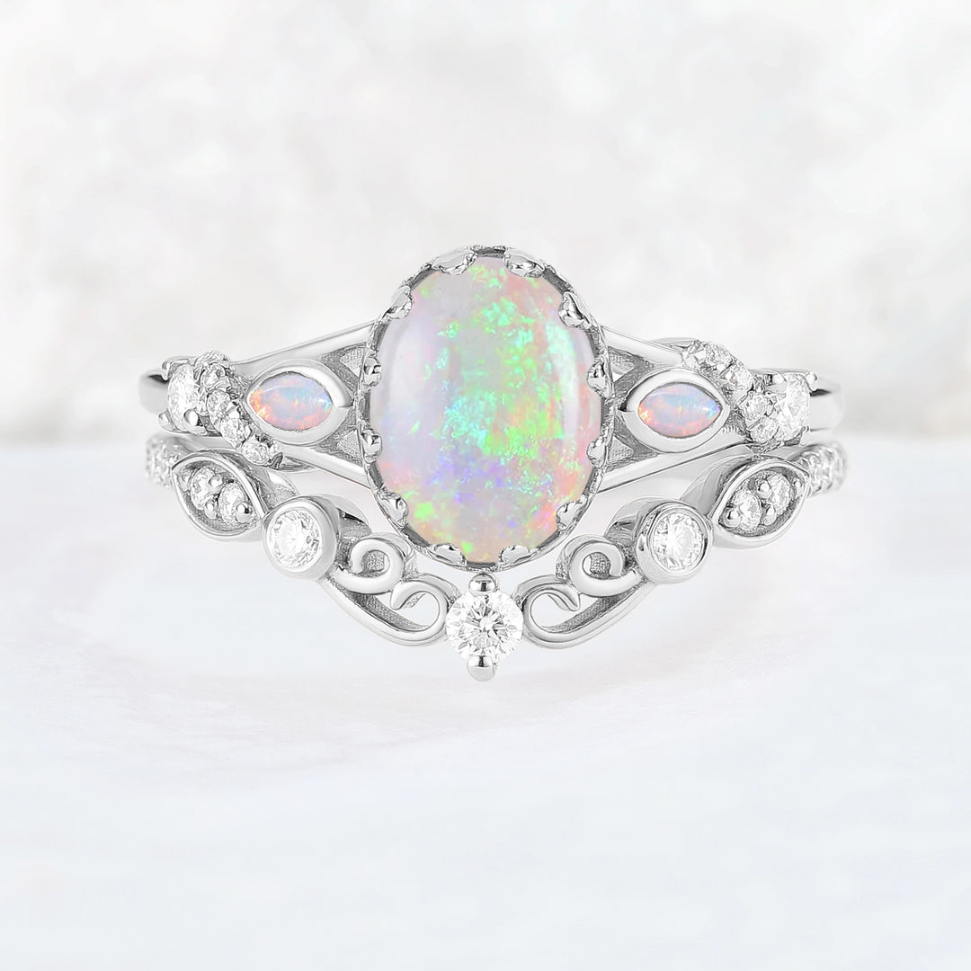 Unique Oval Cut Natural Opal Flora Bezel Inlaid Gemstone Ring