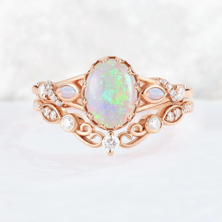 Unique Oval Cut Natural Opal Flora Bezel Inlaid Gemstone Ring