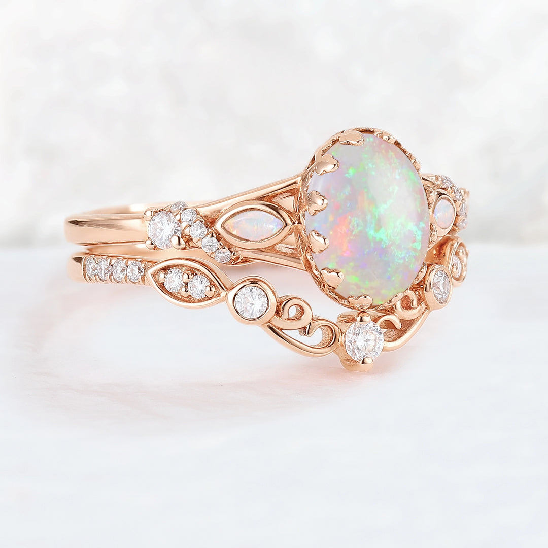 Unique Oval Cut Natural Opal Flora Bezel Inlaid Gemstone Ring
