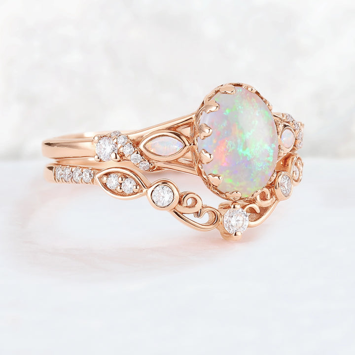 Unique Oval Cut Natural Opal Flora Bezel Inlaid Gemstone Ring